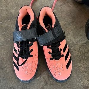 Coral color Adidas powerlifting shoes. Used only a few times.